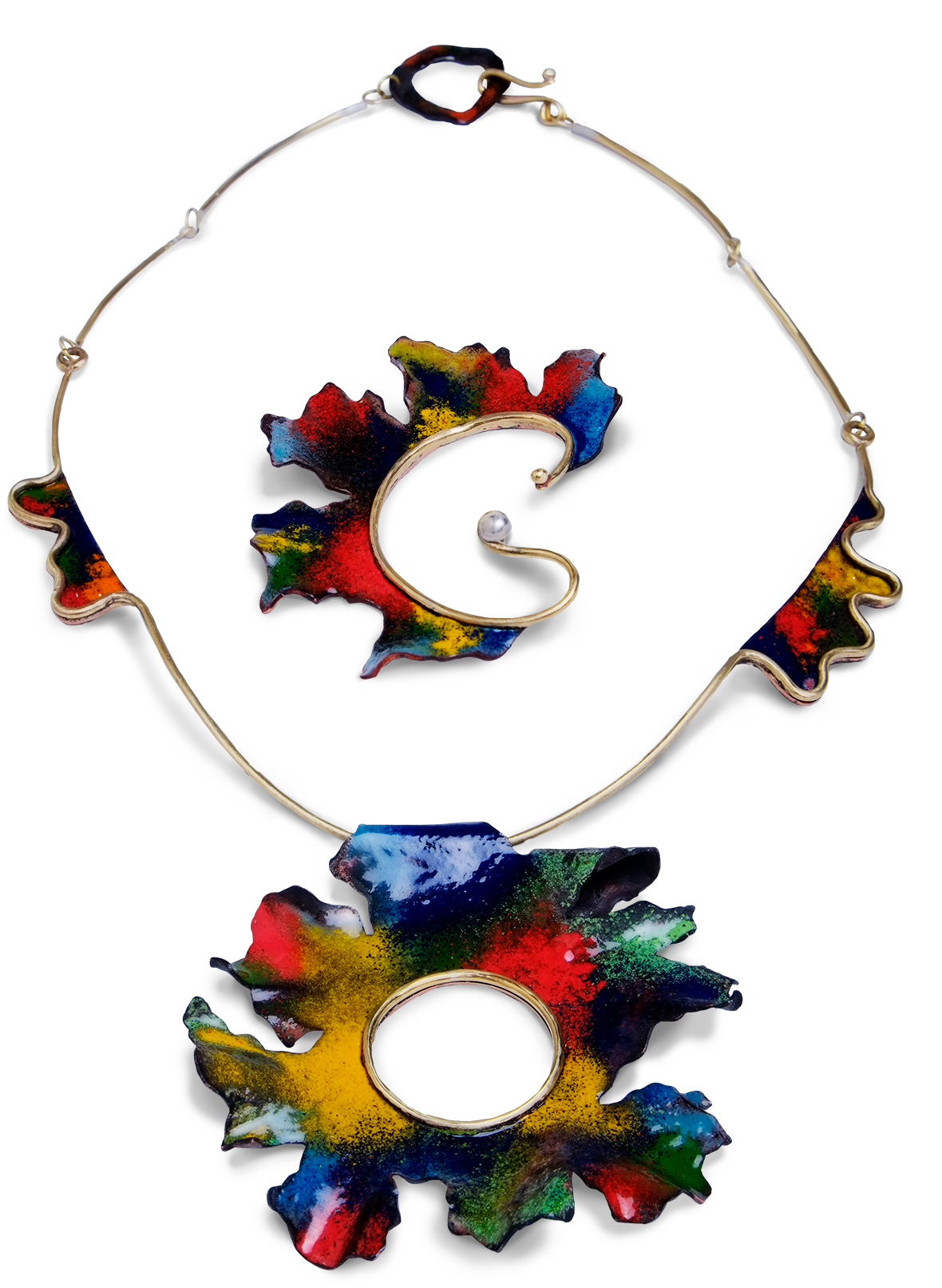 Spark collection jewelry - copper and brass piece with warm enamel