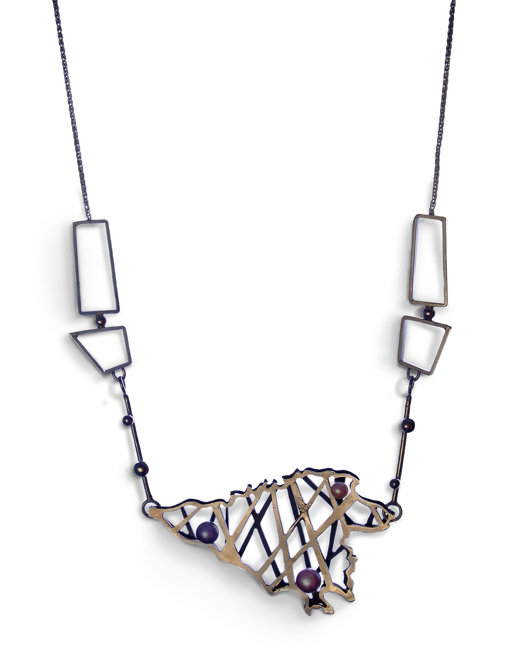 Tehran jewelry collection piece - oxidized silver necklace with pearls inspired by Tehran cityscape