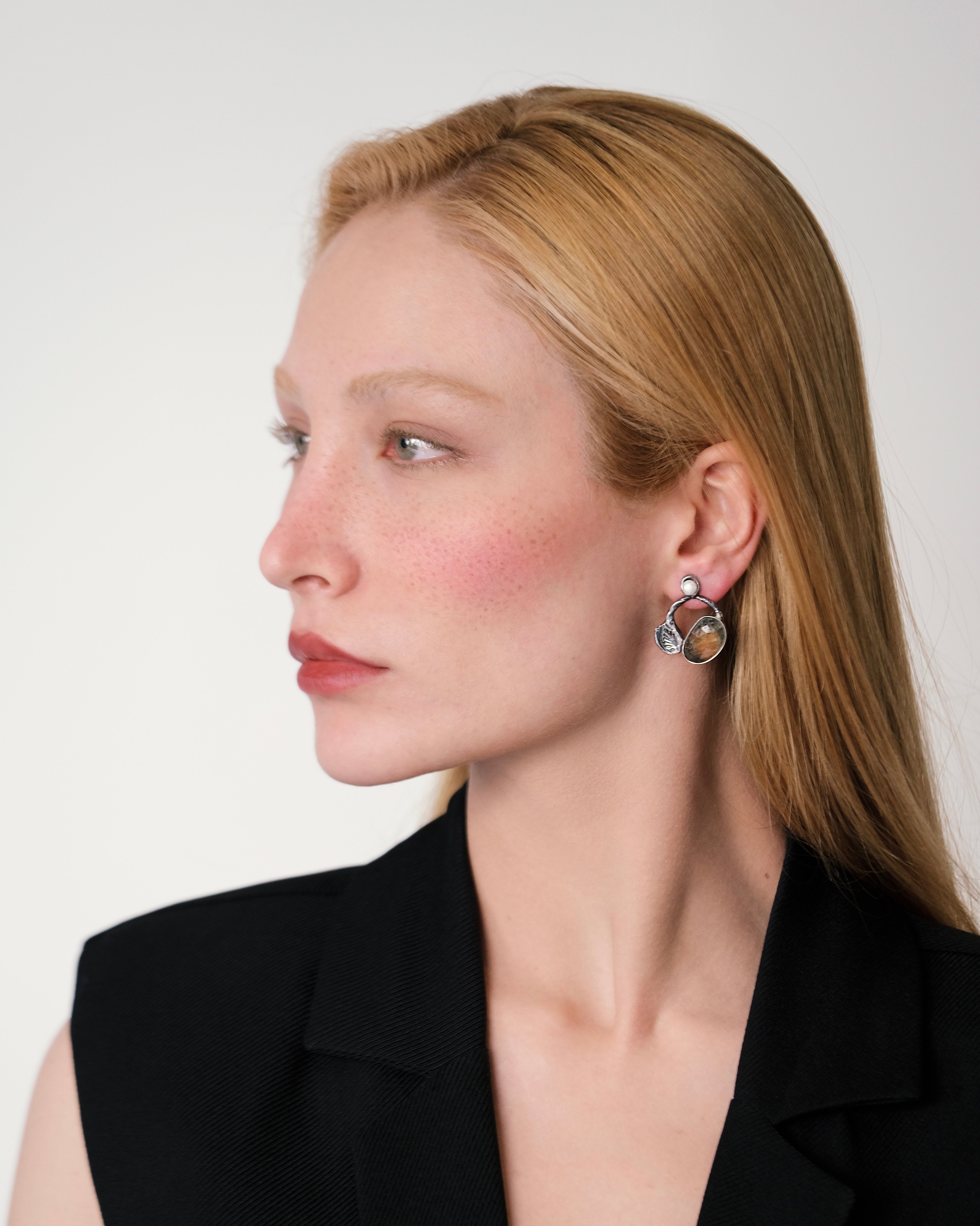 Pre-meditated Coincidences collection - oxidized silver single edition earring with sapphire and pearl